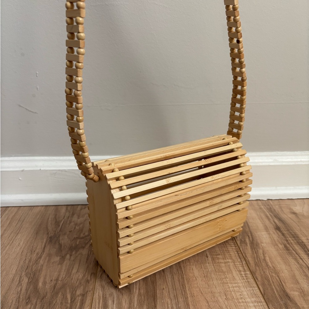 Wood Slat Bamboo Crossbody Flap Top Bag